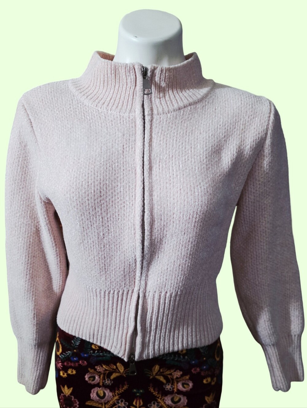 Women's Light Pink Zip-Front Knit Turtleneck Sweater